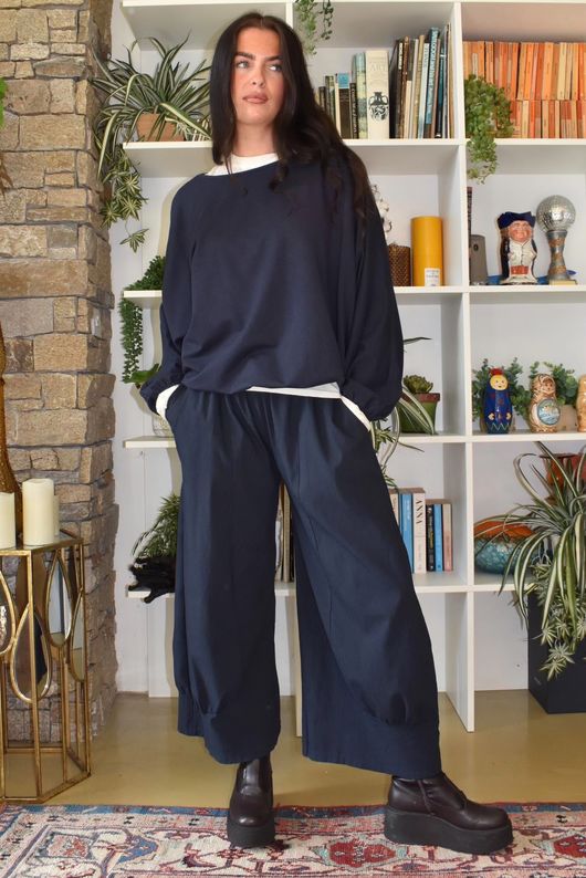 Bennie Quirky Barrel Pant Navy Pin Stripe